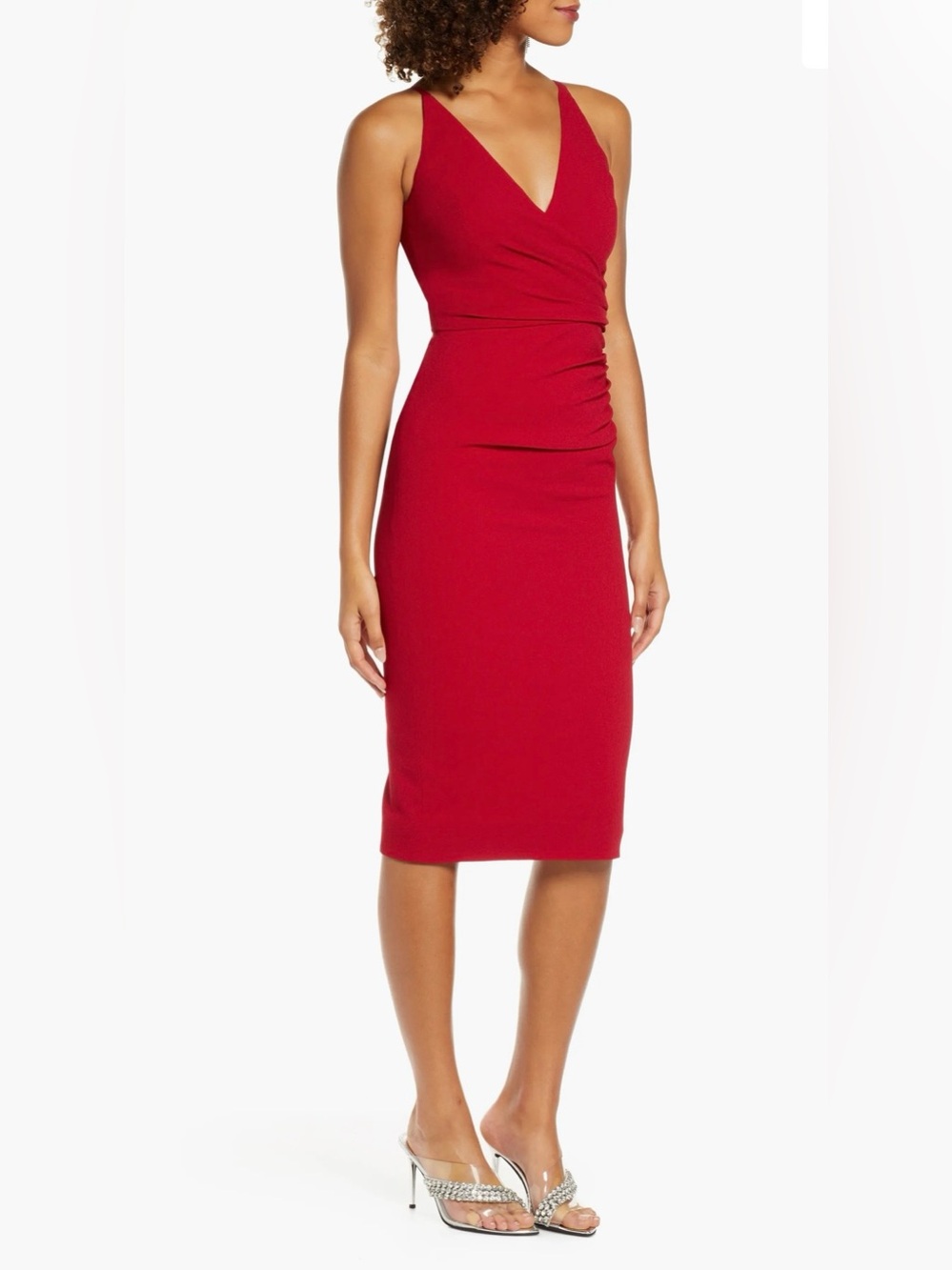 DRESS THE POPULATION NEW Anita Garnet Red Crepe Ruched Cocktail Dress NWT M